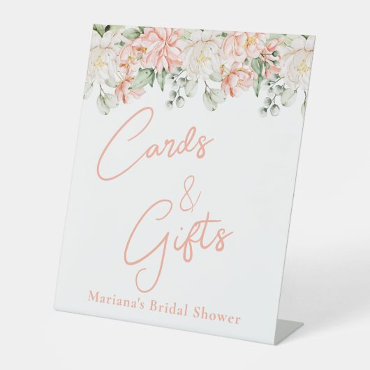 Peach Floral Brautparty Karten und Geschenke Sockelschild (Vorderseite)