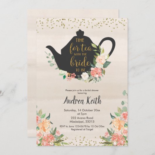 Peach Floral Bridal Tee Einladung (Vorne/Hinten)