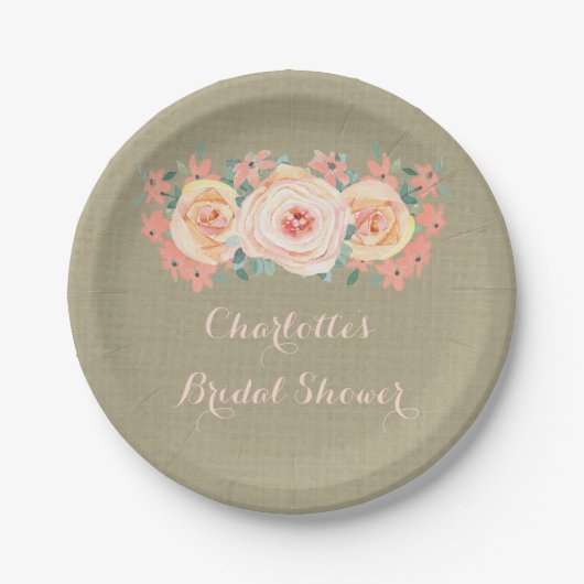 Peach floral Burlap Brautparty Plate Pappteller (Vorderseite)