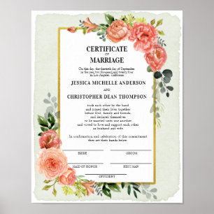 Peach floral Certificate Eheschlüssel Poster