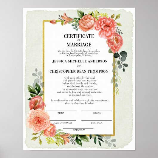 Peach floral Certificate Eheschlüssel Poster (Vorne)