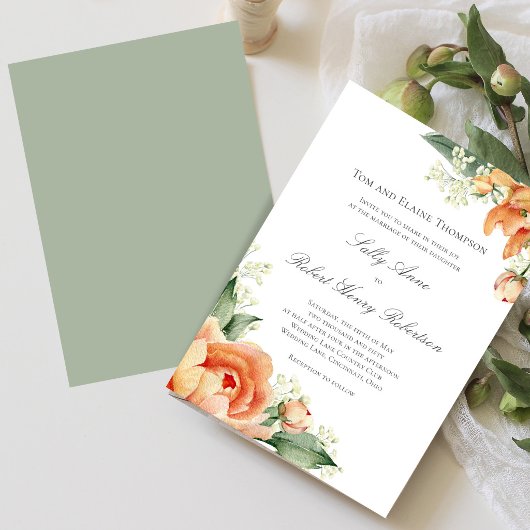 Peach Floral Corner Greenery Elegant Script Einladung