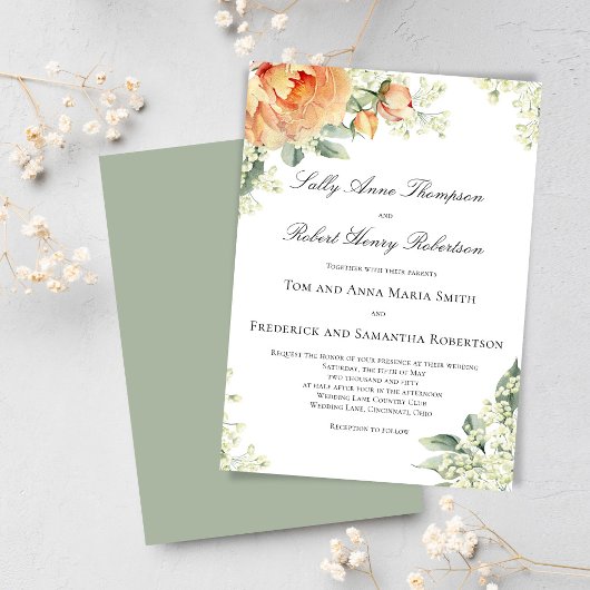 Peach Floral Corner Greenery Script Elegant Einladung