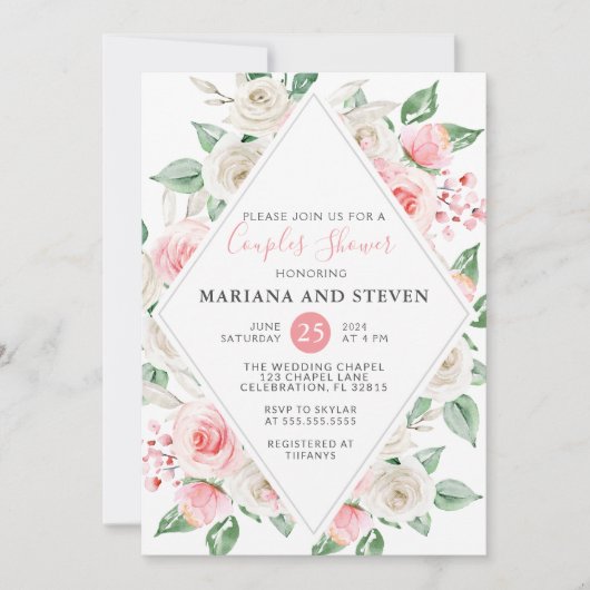 Peach Floral Coups Polterabend Einladung (Vorderseite)