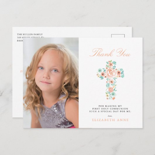 Peach Floral Cross Erste Heilige Kommune Vielen Da Postkarte (Vorne/Hinten)