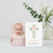 Peach Floral Cross Taufe / Christening Vielen Dank Postkarte (Stehend Vorderseite)