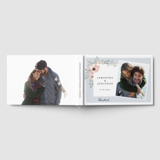 Peach floral Dusty Blue 2 Fotos Hochzeit Gästebuch (Voll)