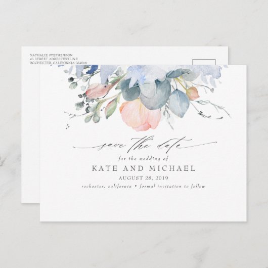 Peach Floral Dusty Blue Boho Save the Date Postkarte (Vorne/Hinten)
