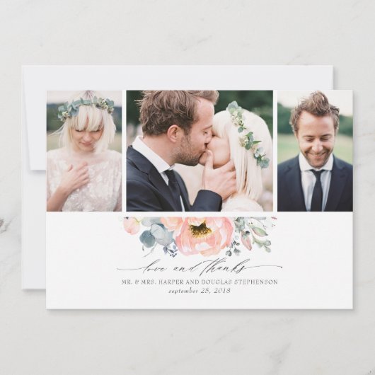 Peach floral Dusty Blue Wedding 3 Fotos Dankeskarte (Vorderseite)