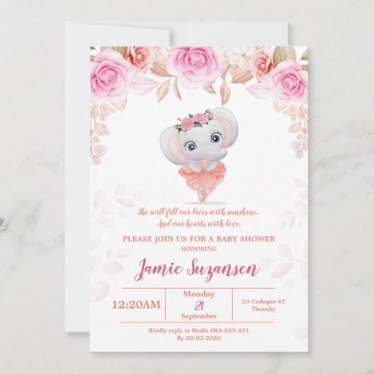 Peach Floral Elephant Baby Shower Girl Einladung (Vorderseite)
