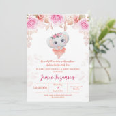 Peach Floral Elephant Baby Shower Girl Einladung (Stehend Vorderseite)