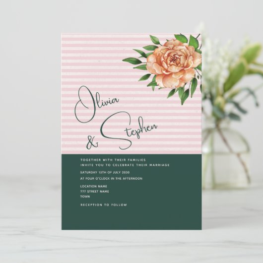 Peach Floral Emerald Pink Hochzeit Einladung (Stehend Vorderseite)
