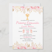 Peach Floral First Communation Elegantes Chalice Einladung (Vorderseite)