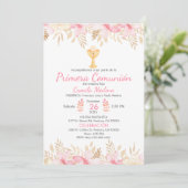 Peach Floral First Communation Elegantes Chalice Einladung (Stehend Vorderseite)