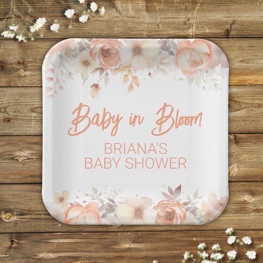 Peach Floral Gender Neutral Baby Dusche Pappteller