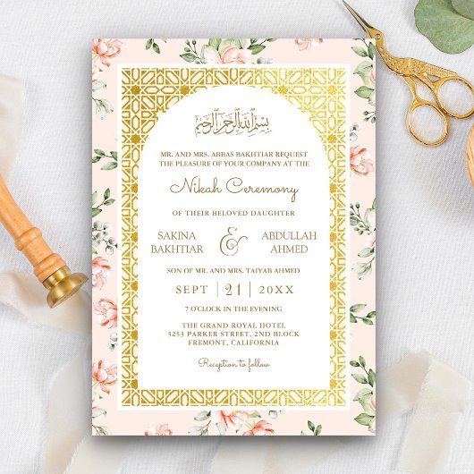 Peach Floral Gold Arch muslimische Hochzeit Einladung