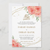 Peach Floral Gold Border Islamische Hochzeit Einladung (Vorderseite)