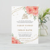 Peach Floral Gold Border Islamische Hochzeit Einladung (Stehend Vorderseite)