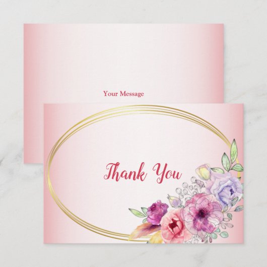 Peach Floral Gold Geometric Watercolor Wedding Dankeskarte (Vorne/Hinten)