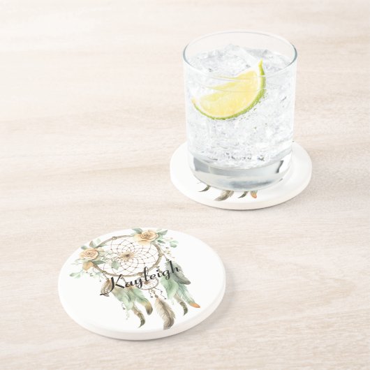 Peach floral Green Dream Catcher Getränkeuntersetzer (Seite)