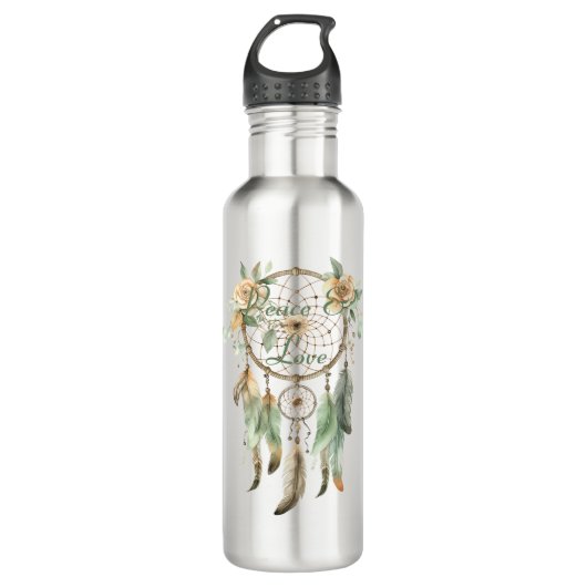 Peach floral Green Dream Catcher Peace Edelstahlflasche (Vorderseite)