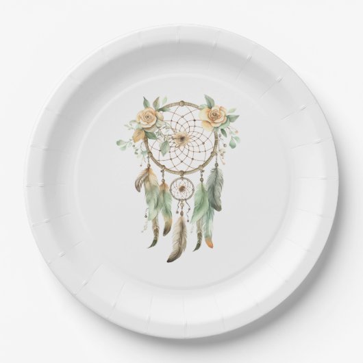 Peach floral Green Feathers Dream Catcher Geburtst Pappteller (Vorderseite)