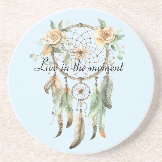 Peach floral Green Feathers Dream Catcher Getränkeuntersetzer (Vorne)