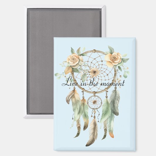 Peach floral Green Feathers Dream Catcher Magnet (Vorderseite/Rückseite)