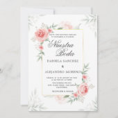 Peach Floral Greenery Nuestra Boda Spanish Wedding Einladung (Vorderseite)