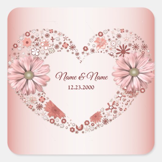 Peach Floral Heart Modern Party Quadratischer Aufkleber (Vorderseite)