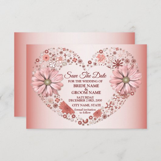 Peach Floral Heart Modern Save The Date (Vorne/Hinten)