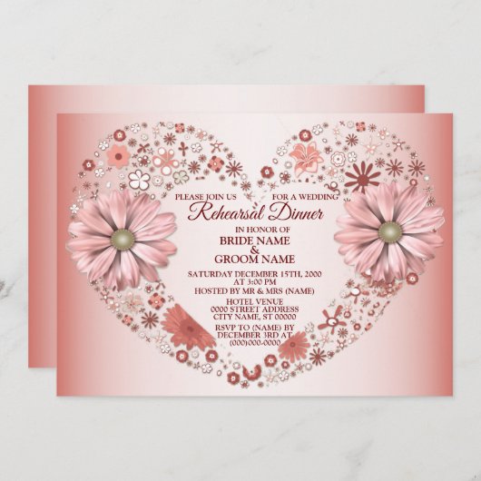 Peach Floral Heart Modern Wedding Rehearsal Dinner Einladung (Vorne/Hinten)