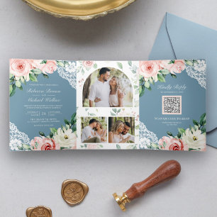 Peach floral Lace Dusty Blue QR Code Hochzeit Dreifach Gefaltete Einladung