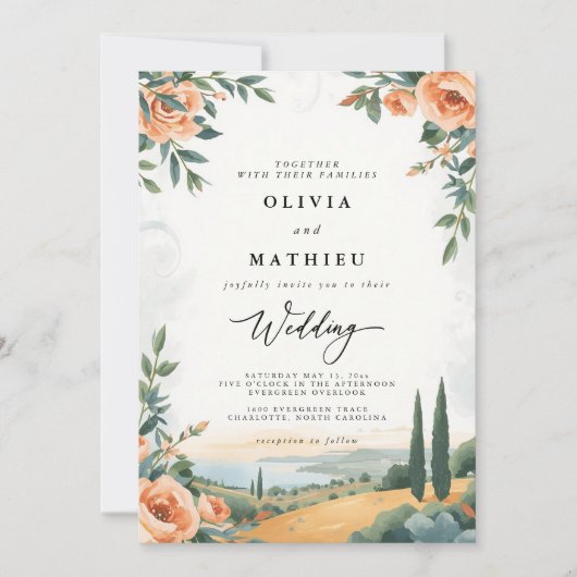 Peach Floral Landschaftlich Vista Hochzeit Einladung (Vorderseite)