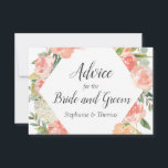 Peach Floral Medley Advice for Bridge and Groom Hinweiskarte<br><div class="desc">Verlass einen klugen Rat für Braut und Bräutigam mit dieser pfirsichblühenden "Ratschlag für Braut und Bräutigam" Karte, die mit ihren Namen personalisiert werden kann. Die Vorderseite der Karte ist mit einem rautenförmigen Blumenmuster mit Rose, Pfannkuchen und Hydrangeas in Pastellpfirsich, Lachsrosa und cremefarben mit nachfolgender Vegetation gestaltet. Auf der Rückseite der...</div>
