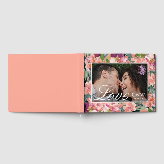 Peach Floral mit Liebe Script Foto Hochzeit Gästebuch (Voll)