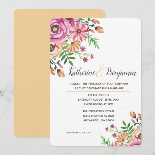 Peach floral Modern Wedding Einladung (Vorne/Hinten)