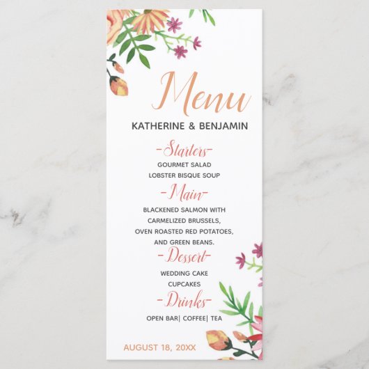 Peach floral Modern Wedding Menu Menükarte (Vorderseite)