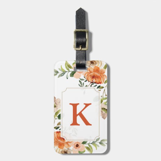 Peach Floral Monogram Lugtag Gepäckanhänger (Vorderseite vertikal)