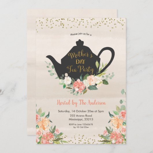 Peach floral Mutter Day Tea Einladung (Vorne/Hinten)