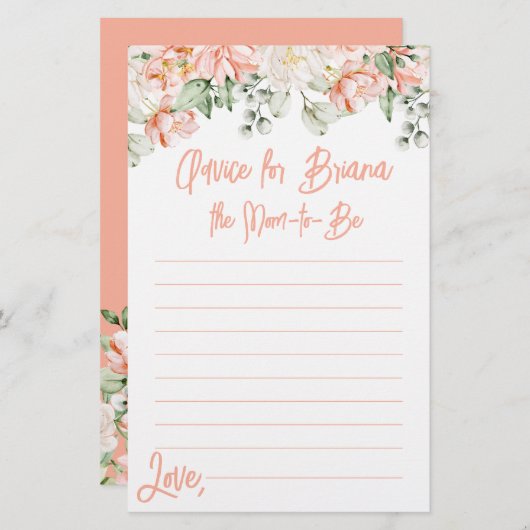 Peach Floral Neutral Baby Shower Ratschläge (Vorne/Hinten)