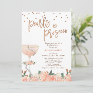 Peach Floral Pearls Prosecco Bridals Dusche Einladung