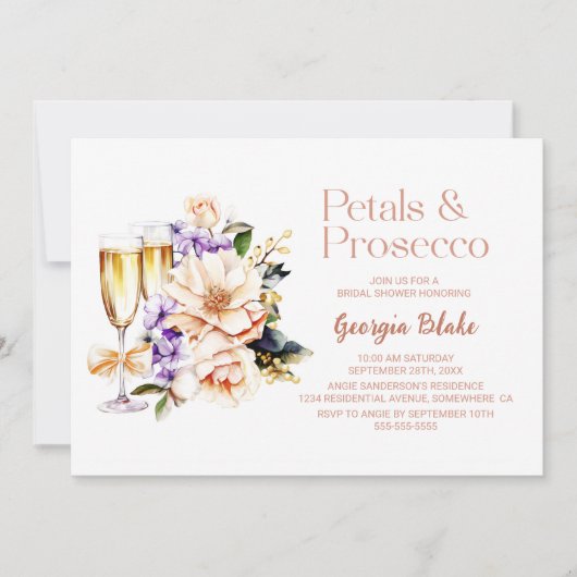 Peach Floral Petals and Prosecco Brautparty Einladung (Vorderseite)