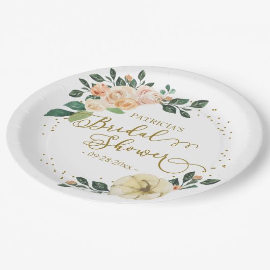 Peach Floral Pumpkin Fall Brautparty Pappteller (Schrägansicht)