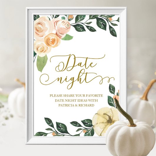Peach Floral Pumpkin Fall Datum Night Jar Sign Poster