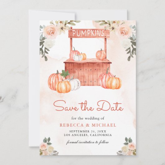 Peach Floral Pumpkin Market Foto Hochzeit Save The Date (Vorderseite)