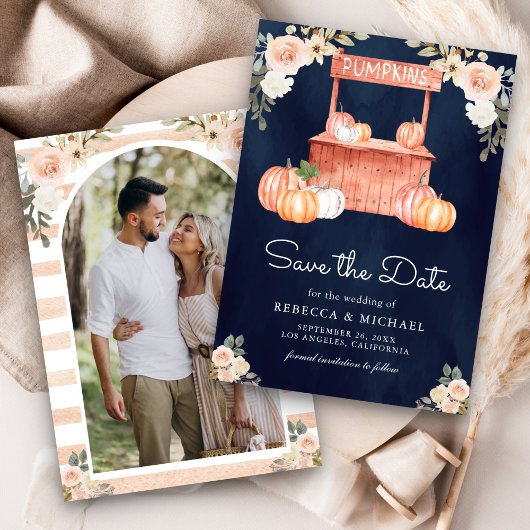 Peach Floral Pumpkin Market Foto Navy Hochzeit Save The Date