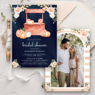 Peach Floral Pumpkin Market Navy Brautparty Einladung