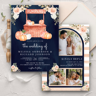 Peach Floral Pumpkin Market QR Code Navy Hochzeit Einladung