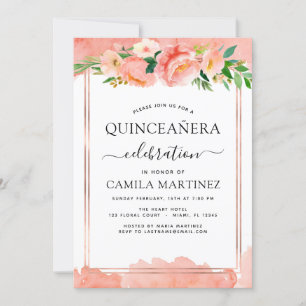 Peach Floral Quinceañera 15.00 Uhr Geburtstag Einladung